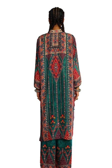 Shop_Rajdeep Ranawat_Blue Silk Embroidery Mandarin Collar Baaka Printed Asymmetric Kurta _Online_at_Aza_Fashions