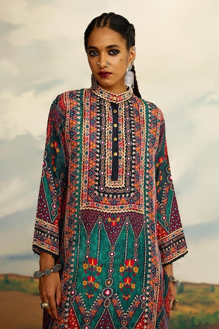 Shop_Rajdeep Ranawat_Blue Silk Embroidery Mandarin Collar Baaka Printed Asymmetric Kurta 