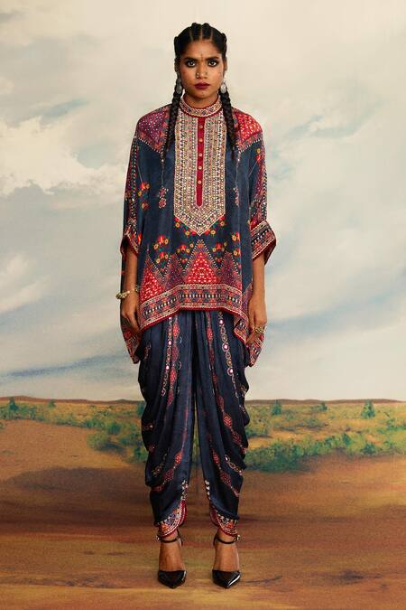 Rajdeep Ranawat_Grey Silk Embroidery Bandeau Neck Chanel Printed Asymmetric Kurta _Online_at_Aza_Fashions