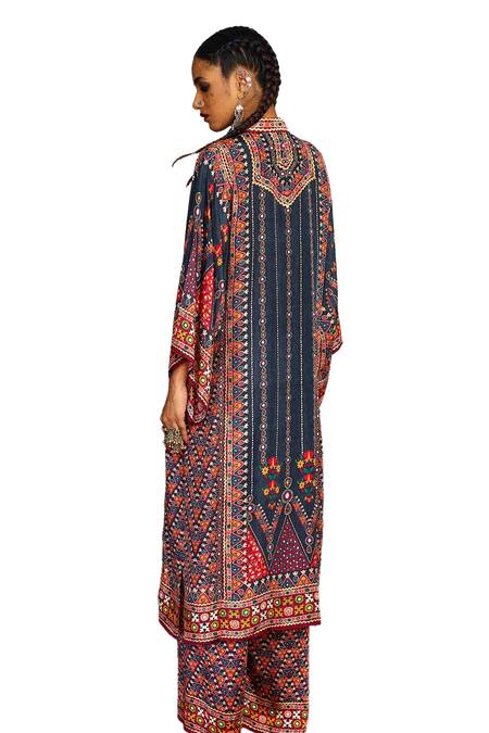 Rajdeep Ranawat_Grey Silk Embroidery Bandeau Neck Gayatri Printed Long Kurta _at_Aza_Fashions