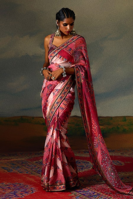 Rajdeep Ranawat Saavi Boho Tribe Print & Embellished Saree With Blouse 