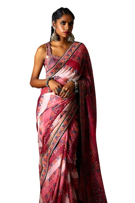 Rajdeep Ranawat_Pink Kota Doria Saavi Boho Tribe Print And Embellished Saree With Blouse _Online_at_Aza_Fashions