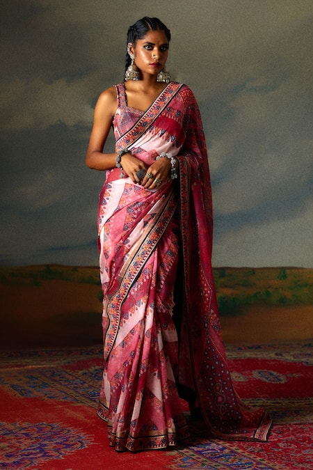 Buy_Rajdeep Ranawat_Pink Kota Doria Saavi Boho Tribe Print And Embellished Saree With Blouse _Online_at_Aza_Fashions