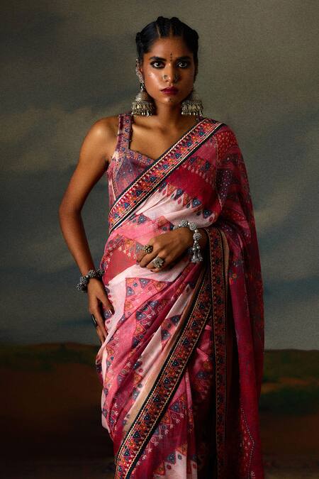 Shop_Rajdeep Ranawat_Pink Kota Doria Saavi Boho Tribe Print And Embellished Saree With Blouse _Online_at_Aza_Fashions