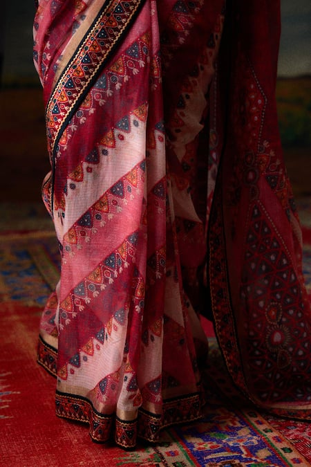 Rajdeep Ranawat_Pink Kota Doria Saavi Boho Tribe Print And Embellished Saree With Blouse _at_Aza_Fashions