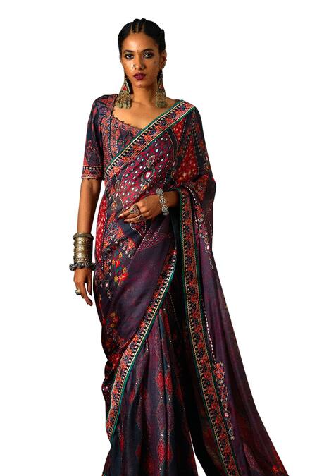 Rajdeep Ranawat_Grey Kota Doria Saavi Folklore Bloom Print And Embellished Saree With Blouse _Online_at_Aza_Fashions