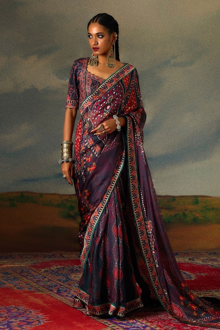 Buy_Rajdeep Ranawat_Grey Kota Doria Saavi Folklore Bloom Print And Embellished Saree With Blouse _Online_at_Aza_Fashions