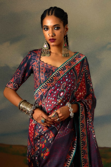 Shop_Rajdeep Ranawat_Grey Kota Doria Saavi Folklore Bloom Print And Embellished Saree With Blouse _Online_at_Aza_Fashions