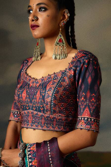 Buy_Rajdeep Ranawat_Grey Kota Doria Saavi Folklore Bloom Print And Embellished Saree With Blouse 