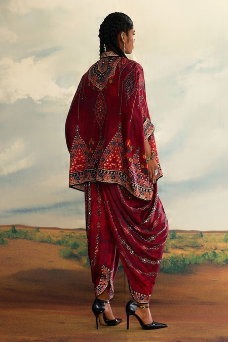 Shop_Rajdeep Ranawat_Red Silk Embroidery Bandeau Neck Chanel Tribe Vibe Print And Short Tunic _at_Aza_Fashions