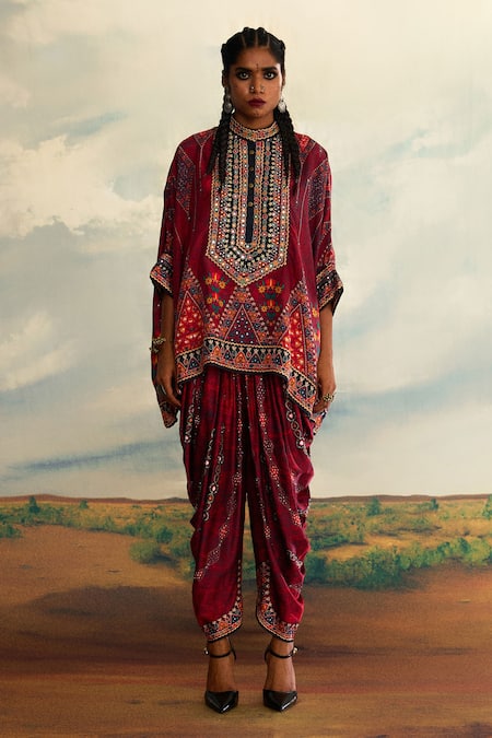 Buy_Rajdeep Ranawat_Red Silk Embroidery Bandeau Neck Chanel Tribe Vibe Print And Short Tunic _Online_at_Aza_Fashions