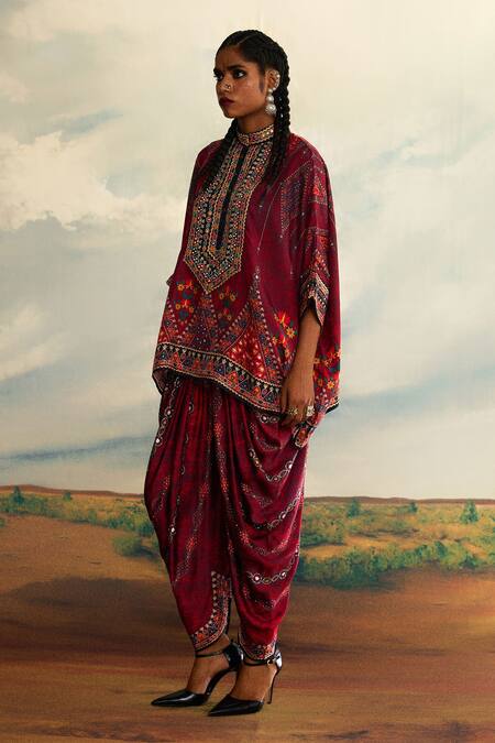 Shop_Rajdeep Ranawat_Red Silk Embroidery Bandeau Neck Chanel Tribe Vibe Print And Short Tunic _Online_at_Aza_Fashions