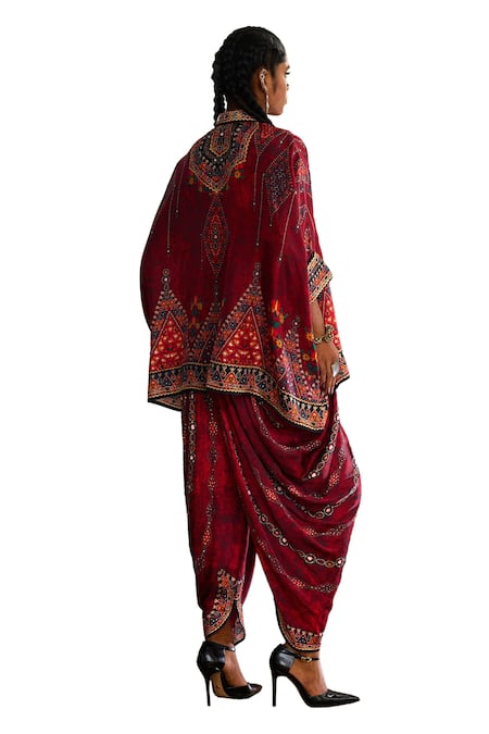 Rajdeep Ranawat_Red Silk Embroidery Bandeau Neck Chanel Tribe Vibe Print And Short Tunic _at_Aza_Fashions