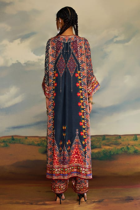 Shop_Rajdeep Ranawat_Grey Silk Embroidery V-neck Banera Fleur Tribe Print And Tunic _at_Aza_Fashions