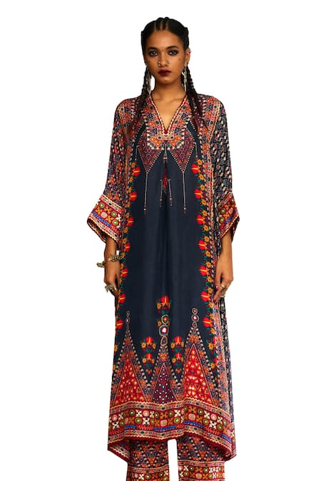 Buy_Rajdeep Ranawat_Grey Silk Embroidery V-neck Banera Fleur Tribe Print And Tunic _Online_at_Aza_Fashions