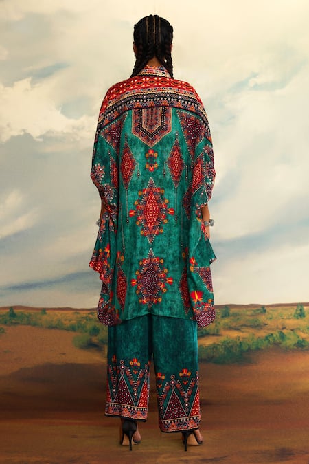 Shop_Rajdeep Ranawat_Green Silk Embroidery, Mirrors Collared Kamara Tribal Aesthetic Print And Tunic _at_Aza_Fashions