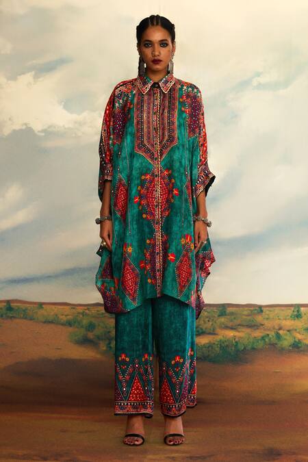 Rajdeep Ranawat_Green Silk Embroidery, Mirrors Collared Kamara Tribal Aesthetic Print And Tunic _Online_at_Aza_Fashions