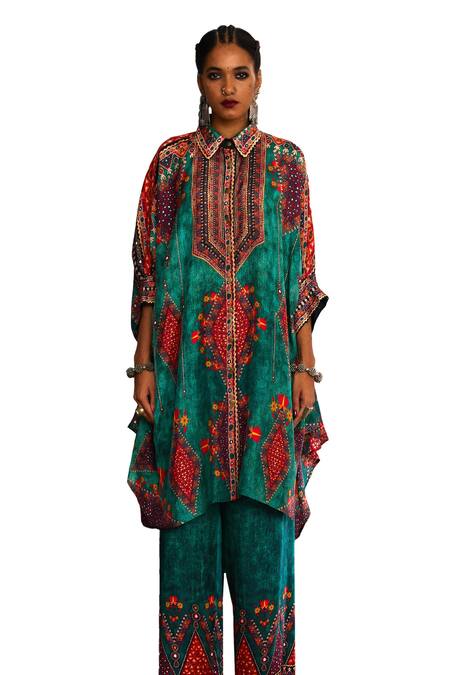 Buy_Rajdeep Ranawat_Green Silk Embroidery, Mirrors Collared Kamara Tribal Aesthetic Print And Tunic _Online_at_Aza_Fashions