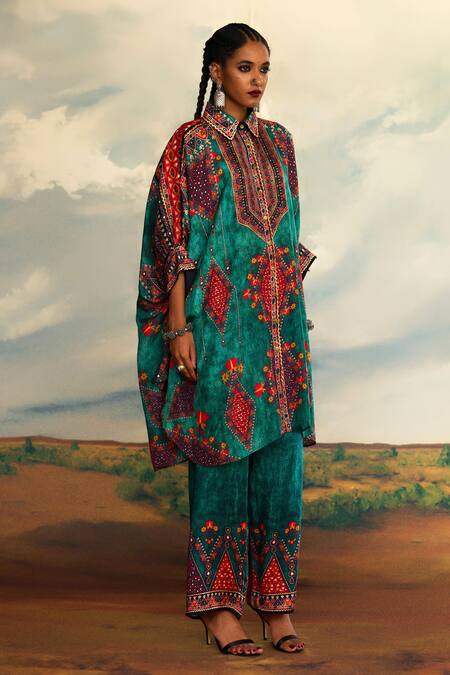 Shop_Rajdeep Ranawat_Green Silk Embroidery, Mirrors Collared Kamara Tribal Aesthetic Print And Tunic _Online_at_Aza_Fashions