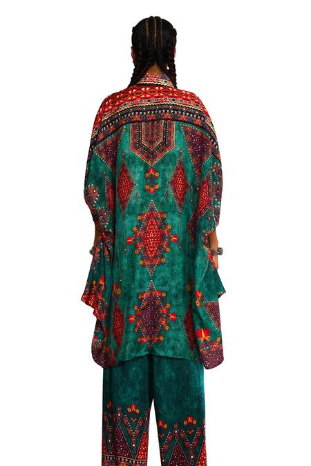 Rajdeep Ranawat_Green Silk Embroidery, Mirrors Collared Kamara Tribal Aesthetic Print And Tunic _at_Aza_Fashions