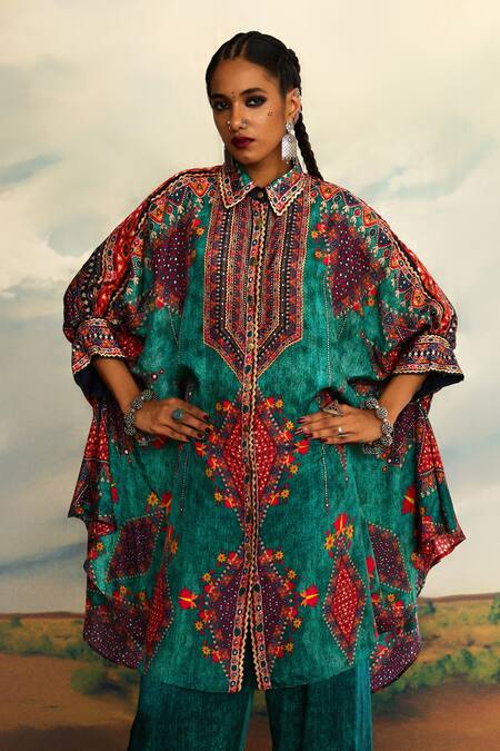 Buy_Rajdeep Ranawat_Green Silk Embroidery, Mirrors Collared Kamara Tribal Aesthetic Print And Tunic 