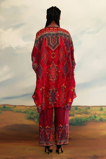 Shop_Rajdeep Ranawat_Red Silk Embroidery, Mirrors Collared Kamara Tribal Art Print And Tunic _at_Aza_Fashions