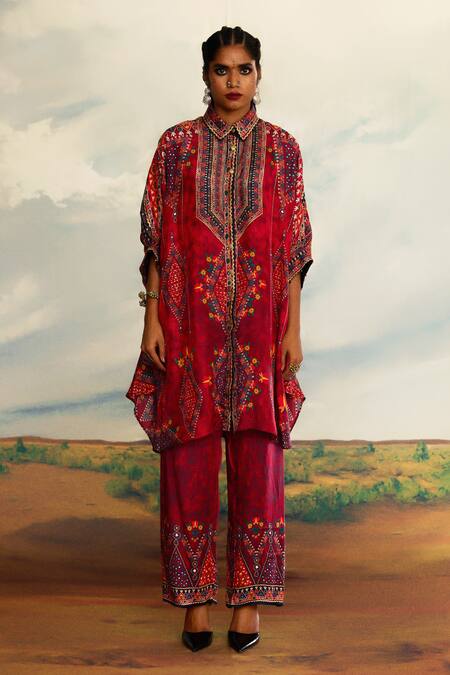 Rajdeep Ranawat_Red Silk Embroidery, Mirrors Collared Kamara Tribal Art Print And Tunic _Online_at_Aza_Fashions