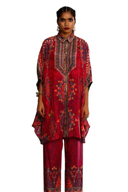Buy_Rajdeep Ranawat_Red Silk Embroidery, Mirrors Collared Kamara Tribal Art Print And Tunic _Online_at_Aza_Fashions