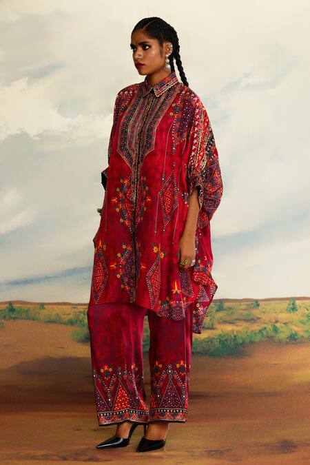 Shop_Rajdeep Ranawat_Red Silk Embroidery, Mirrors Collared Kamara Tribal Art Print And Tunic _Online_at_Aza_Fashions