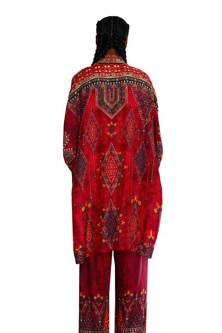 Rajdeep Ranawat_Red Silk Embroidery, Mirrors Collared Kamara Tribal Art Print And Tunic _at_Aza_Fashions