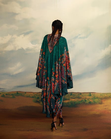 Shop_Rajdeep Ranawat_Green Modal, Satin Embroidery Sonth Tribal Craft Print And Dhoti Pant _at_Aza_Fashions