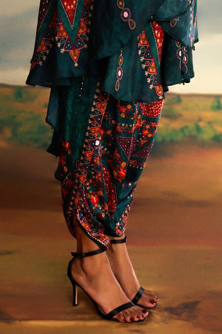Buy_Rajdeep Ranawat_Green Modal, Satin Embroidery Sonth Tribal Craft Print And Dhoti Pant _Online_at_Aza_Fashions