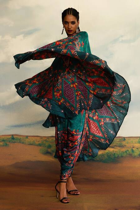 Shop_Rajdeep Ranawat_Green Modal, Satin Embroidery Sonth Tribal Craft Print And Dhoti Pant _Online_at_Aza_Fashions