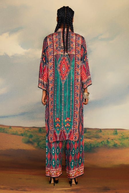 Shop_Rajdeep Ranawat_Multi Color Silk Embroidery, Baaka Ancient Fleur Art Print And High Low Tunic _at_Aza_Fashions