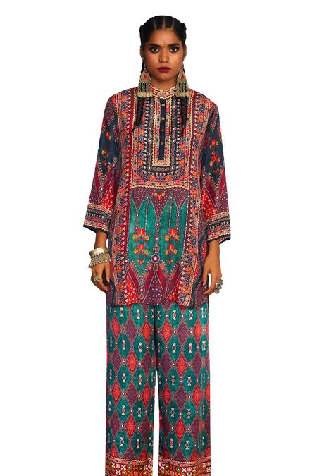 Buy_Rajdeep Ranawat_Multi Color Silk Embroidery, Baaka Ancient Fleur Art Print And High Low Tunic _Online_at_Aza_Fashions