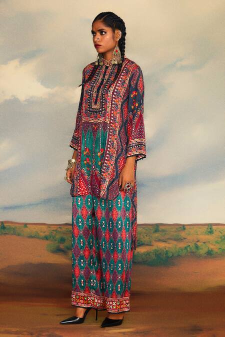 Shop_Rajdeep Ranawat_Multi Color Silk Embroidery, Baaka Ancient Fleur Art Print And High Low Tunic _Online_at_Aza_Fashions