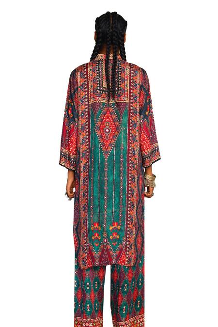 Rajdeep Ranawat_Multi Color Silk Embroidery, Baaka Ancient Fleur Art Print And High Low Tunic _at_Aza_Fashions