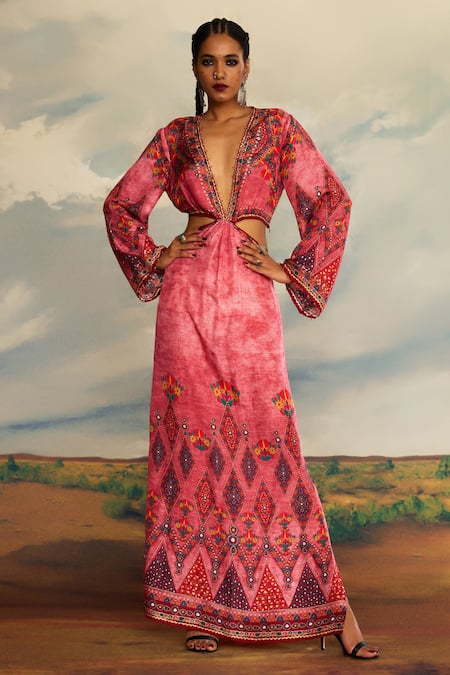 Rajdeep Ranawat Pink Silk Print Primitive Bloom Plunging V Shaya And Embroidered Maxi Dress 