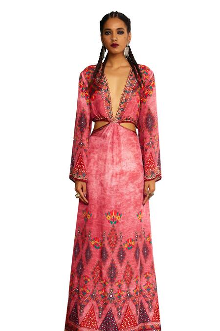 Shop_Rajdeep Ranawat_Pink Silk Embroidery Plunge Neck Shaya Primitive Bloom Print And Maxi Dress _Online_at_Aza_Fashions