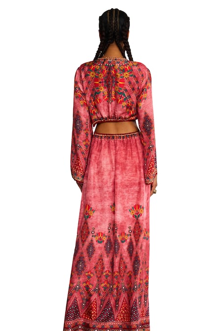 Rajdeep Ranawat_Pink Silk Embroidery Plunge Neck Shaya Primitive Bloom Print And Maxi Dress _at_Aza_Fashions