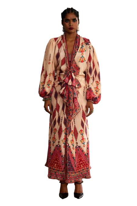 Rajdeep Ranawat_Beige Silk Embroidery Plunge Neck Gauri Madhubani Print And Maxi Dress Set _Online_at_Aza_Fashions