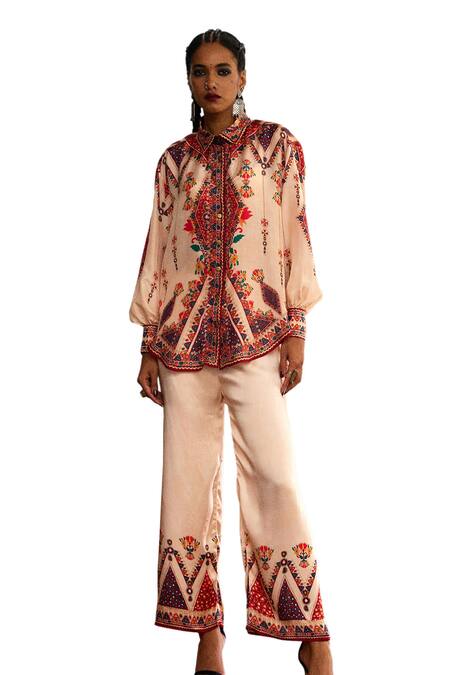 Rajdeep Ranawat Beige Silk Embroidery, Mirrors Ferhana Fleur Figurine Print And High Low Shirt Online at Aza Fashions Rajdeep Ranawat_Beige Silk Embroidery, Mirrors Ferhana Fleur Figurine Print And High Low Shirt _Online_at_Aza_Fashions