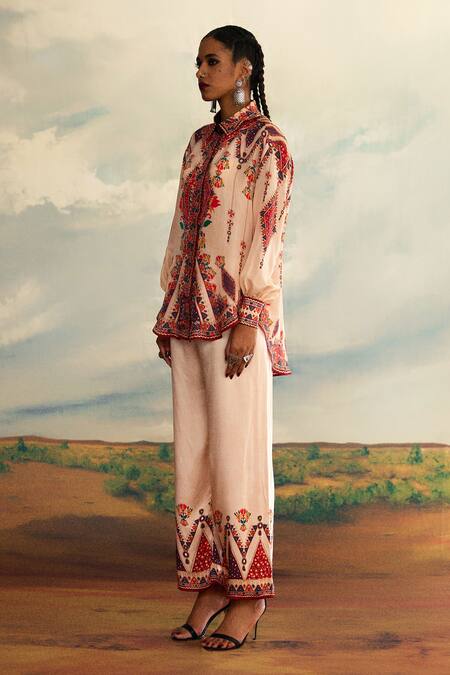 Buy Rajdeep Ranawat Beige Silk Embroidery, Mirrors Ferhana Fleur Figurine Print And High Low Shirt Online at Aza Fashions Buy_Rajdeep Ranawat_Beige Silk Embroidery, Mirrors Ferhana Fleur Figurine Print And High Low Shirt _Online_at_Aza_Fashions