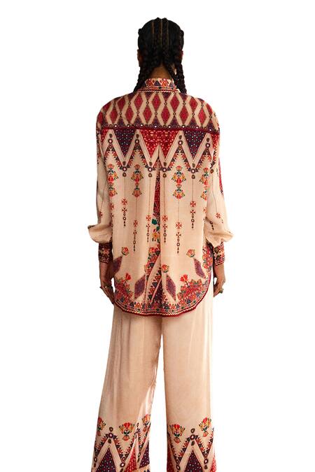 Shop Rajdeep Ranawat Beige Silk Embroidery, Mirrors Ferhana Fleur Figurine Print And High Low Shirt Online at Aza Fashions Shop_Rajdeep Ranawat_Beige Silk Embroidery, Mirrors Ferhana Fleur Figurine Print And High Low Shirt _Online_at_Aza_Fashions