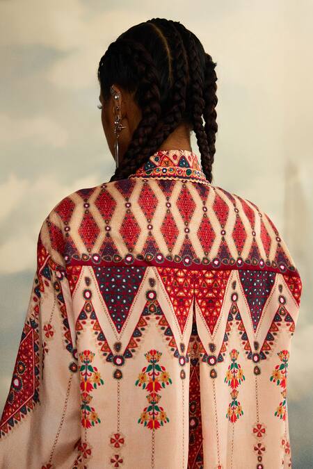 Rajdeep Ranawat Beige Silk Embroidery, Mirrors Ferhana Fleur Figurine Print And High Low Shirt at Aza Fashions Rajdeep Ranawat_Beige Silk Embroidery, Mirrors Ferhana Fleur Figurine Print And High Low Shirt _at_Aza_Fashions