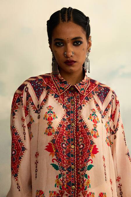 Buy Rajdeep Ranawat Beige Silk Embroidery, Mirrors Ferhana Fleur Figurine Print And High Low Shirt Buy_Rajdeep Ranawat_Beige Silk Embroidery, Mirrors Ferhana Fleur Figurine Print And High Low Shirt