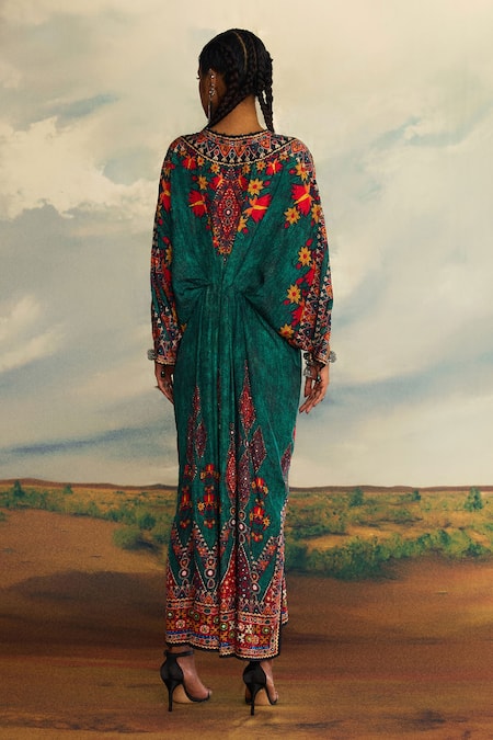 Shop_Rajdeep Ranawat_Green Silk Sequins, Mirrors V-neck Rasika Maya Bloom Print And Embroidered Kaftan _at_Aza_Fashions