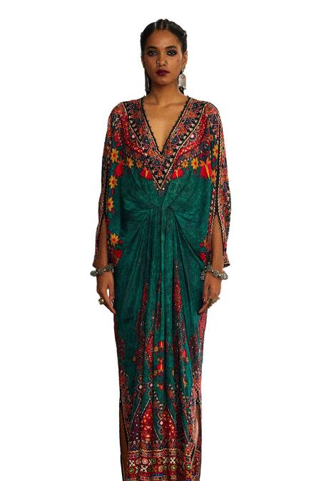 Rajdeep Ranawat_Green Silk Sequins, Mirrors V-neck Rasika Maya Bloom Print And Embroidered Kaftan _Online_at_Aza_Fashions