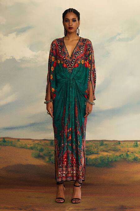Buy_Rajdeep Ranawat_Green Silk Sequins, Mirrors V-neck Rasika Maya Bloom Print And Embroidered Kaftan _Online_at_Aza_Fashions