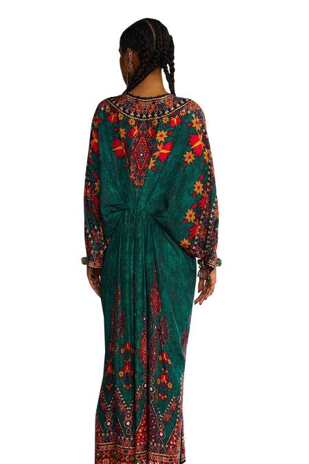 Rajdeep Ranawat_Green Silk Sequins, Mirrors V-neck Rasika Maya Bloom Print And Embroidered Kaftan _at_Aza_Fashions